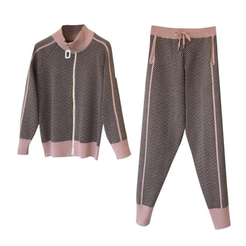 Tracksuit Women Zipper Knitted Cardigans Sweaters + Pants Sets Ladies Fashion  Casual 2 Piece Costumes Outfit Y476