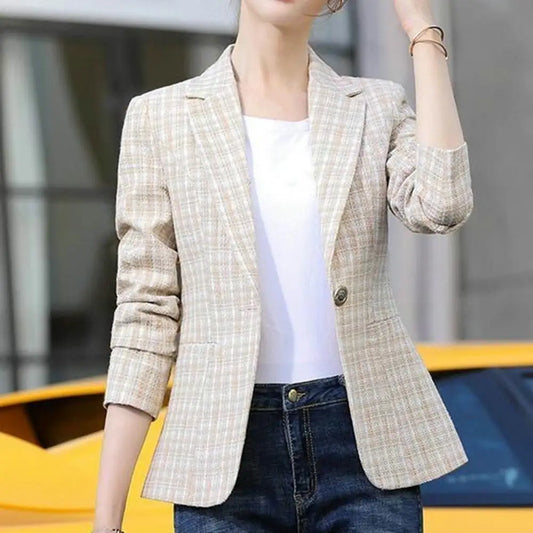 Women Blazer Vintage Plaid Print Turn-down Collar One Button Casual Blazer Women Slim Cardigan Suit Coat Women Jackets veste