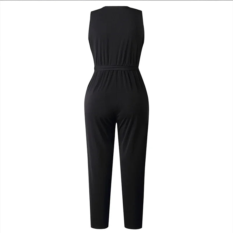 Customized Fashion Lace Women Jumpsuit With Belt Sleeveless Casual V-neck Solid Women Black Jumpsuits Fashion Female Pants