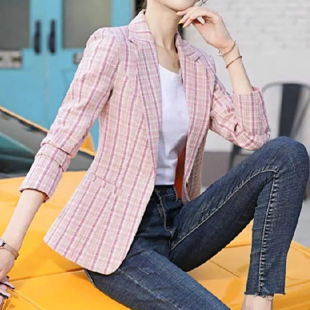 Women Blazer Vintage Plaid Print Turn-down Collar One Button Casual Blazer Women Slim Cardigan Suit Coat Women Jackets veste