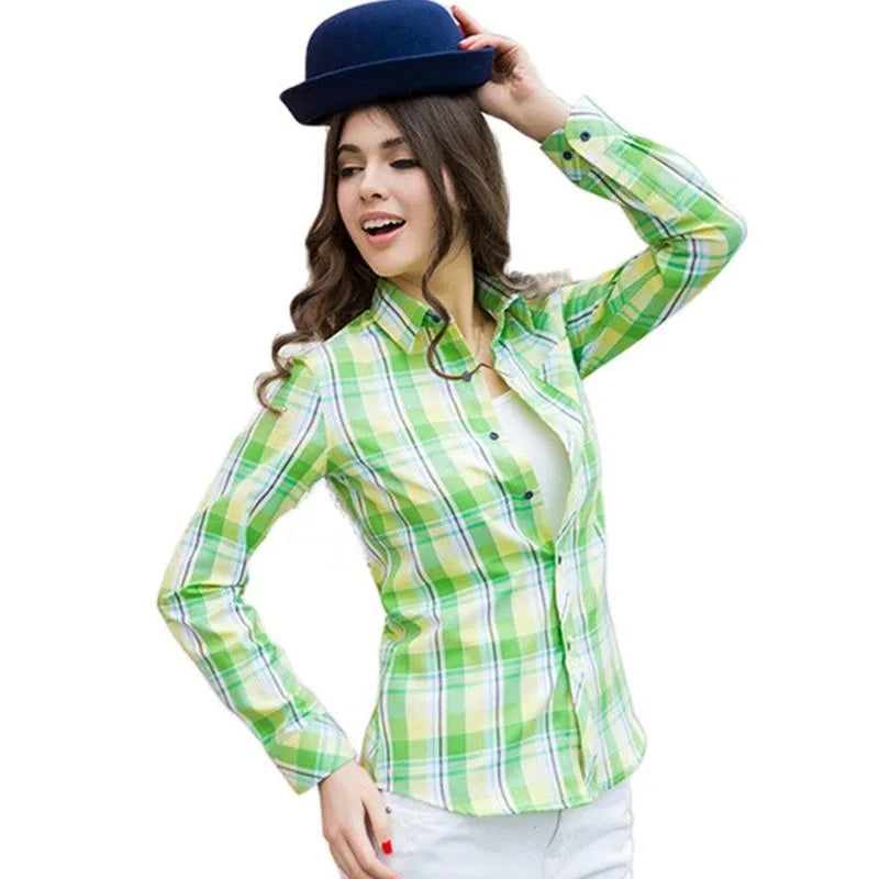 XS-3XL New Women Cotton Shirt Spring Autumn Fashion Casual Brushed Plaid Blouse Girl Tops Outerwear Loose Cotton Shirts Female