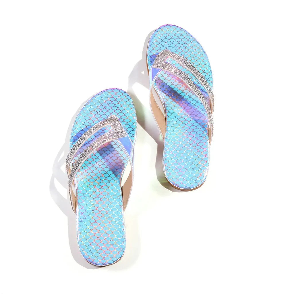 Women Summer Non Slip Shoes Flat Crystal Slippes Womens Flip Flops Leather Womens Flip Flops Beach Casual Slipper Size 43