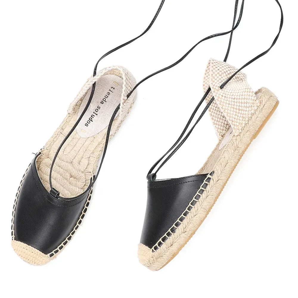 Women's Espadrilles Sandals - Genuine Leather Rushed Top Flat with Open Rubber Outsole