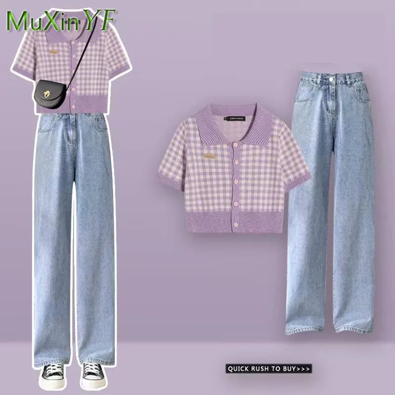 2024 Summer New Chic Short Sleeve Top+Casual Jeans Two Piece Women's Korean Elegant Blouse And Pants Matching Set Female Clothes