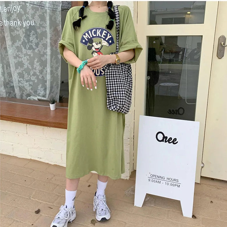 Brand Trend  Summer New Women Dress Mickey Mouse Cartoon Loose Short-sleeved Over-the-knee Long T-shirt Skirt