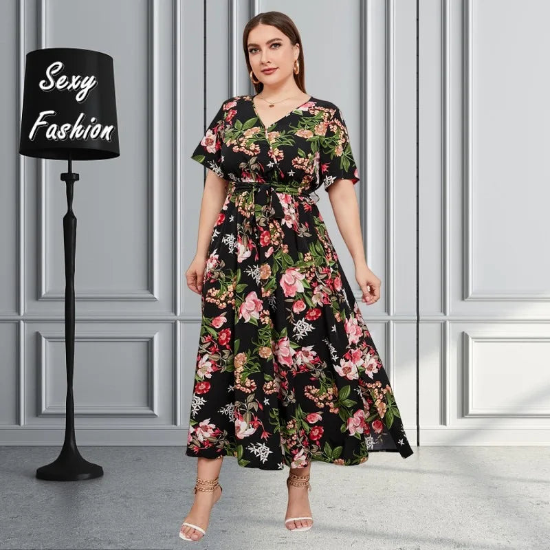 XL-5XL Summer Beach Printing Sexy Dresses Plus Size Women Clothing Short Sleeve V Beck Bandage Casual Loose Elegant Long Dress