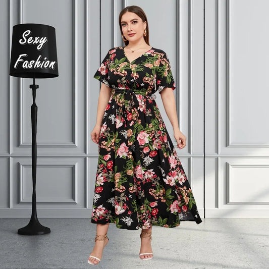 XL-5XL Summer Beach Printing Sexy Dresses Plus Size Women Clothing Short Sleeve V Beck Bandage Casual Loose Elegant Long Dress