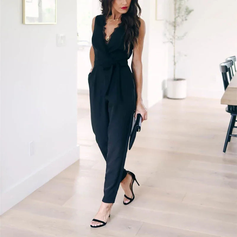 Customized Fashion Lace Women Jumpsuit With Belt Sleeveless Casual V-neck Solid Women Black Jumpsuits Fashion Female Pants