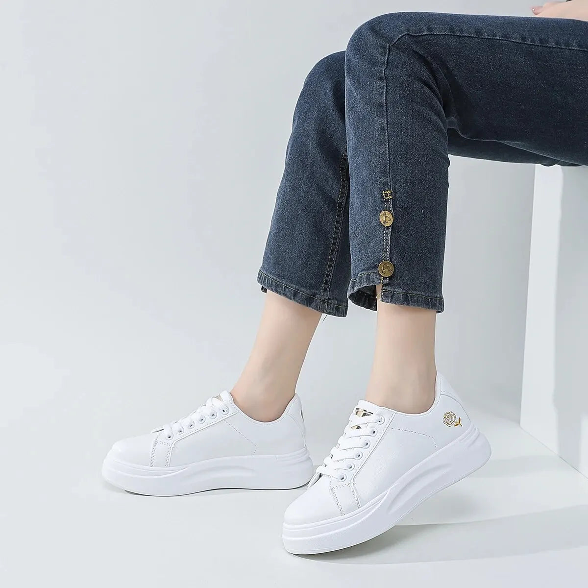 Women's Casual Sneakers White Metallic Detail Floral Embroidered Lace-Up Front Skate Shoes Womens Lightweight Walking Shoes