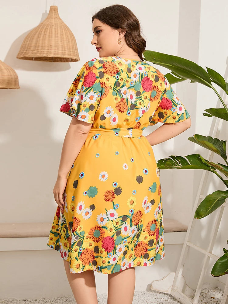 2023 New Women Dress Short Sleeve Summer Woman Beach Dresses Floral Yellow Plus Size Dress V-neck Party Birthday Dress For Women