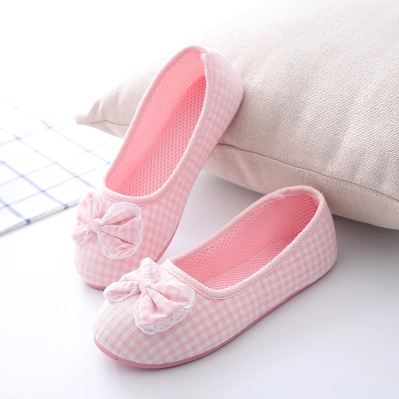 Cartoon Lattice Bow Cotton Slippers  Home For Womens Indoor Bedroom House Lili Female Shoes Pink/Gray