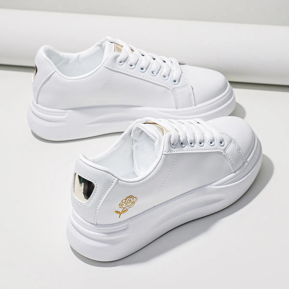 Women's Casual Sneakers White Metallic Detail Floral Embroidered Lace-Up Front Skate Shoes Womens Lightweight Walking Shoes