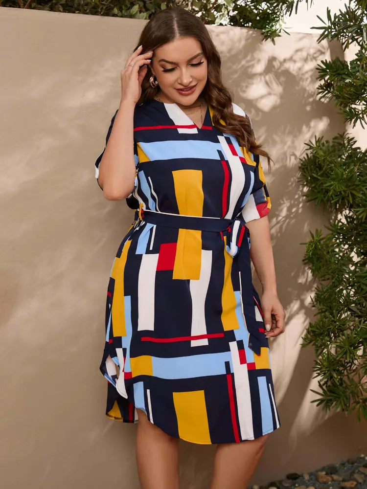 Women's Long Sleeve V-Neck Dress with Belts Ladies Office Dresses Casual Patchwork Polyester Plus Size L-4XL ,New Arrival Summer