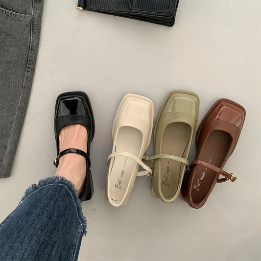 Designer Women Mary Jane Shoes Spring Leahter Shoes Fashion Buckle  Female Square Head Toe Mid Heel Elegant Woman Pumps