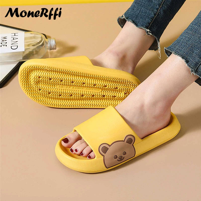 2024 Summer Women Slippers Beach Slides Cartoon Bear Flip Flops Men Shoes Thick Sole Home Bathroom Non-Slip Shoes Couple Sandals