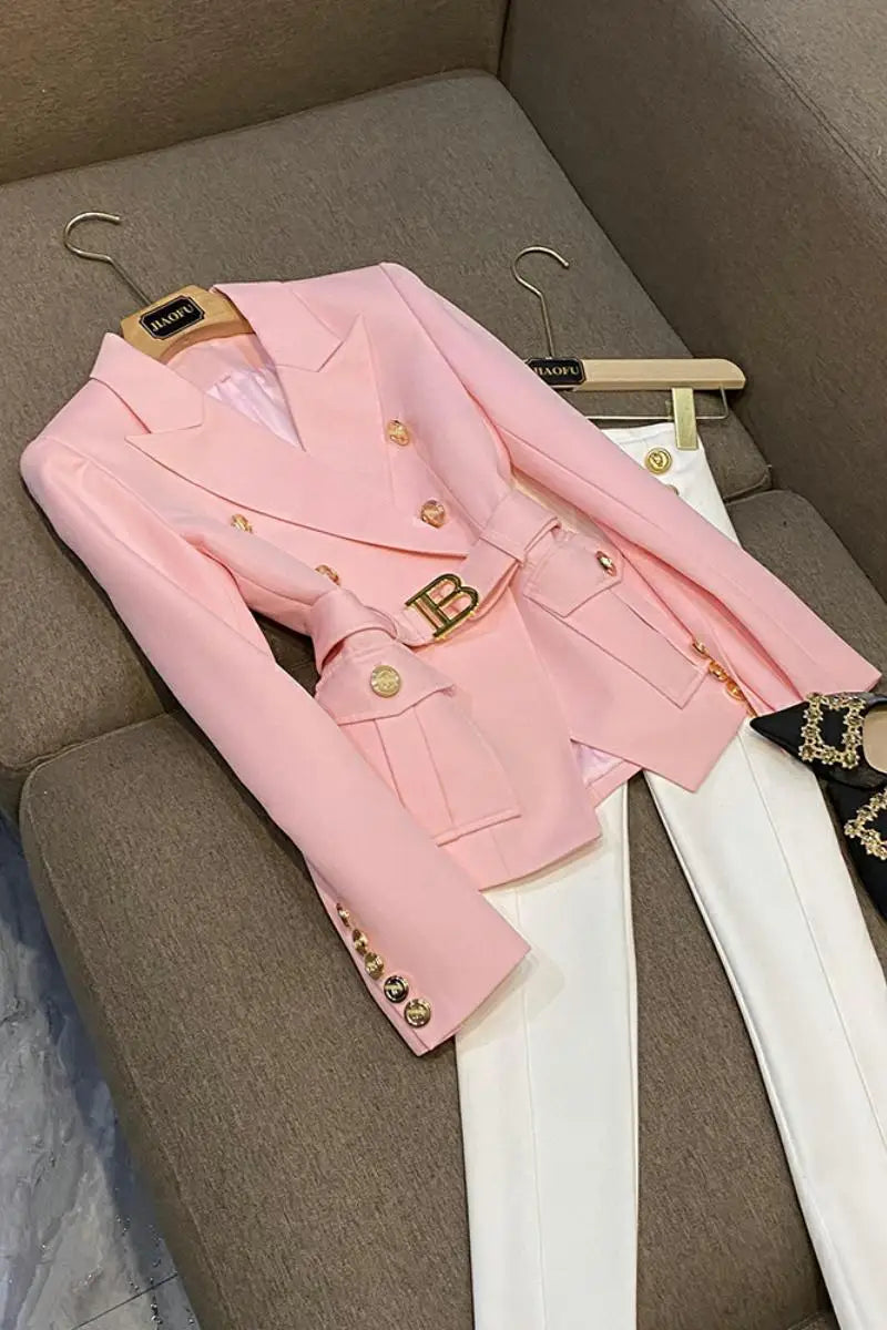 2023 New Pink Color Gold Buttons Lapel Slim Blazers With Blet For Women Casual Elegant Lady Jacket Tops