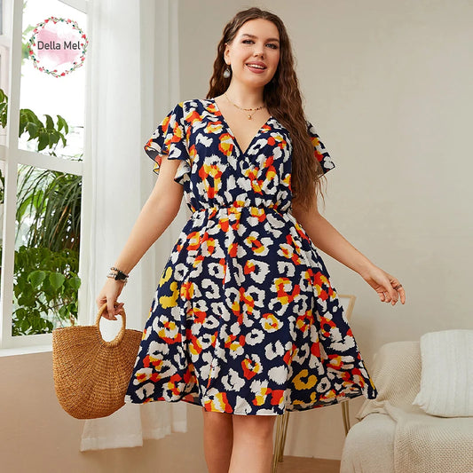 Della Mel Large Sizes Elegant Women's Dresses for Party 2022 Casual Floral Print Summer Short Sleeve Dress Plus Size Clothing