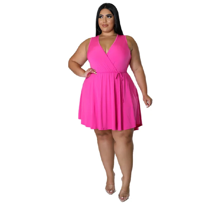 WSFEC XL-5XL Dresses for Women 2023 Summer Plus Size Clothing Solid Simple Sleeveless Bandage Wild Sexy Mini Dress Dropshipping