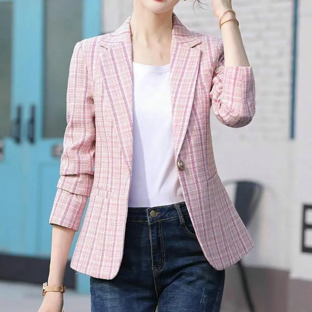 Vintage Plaid Print Women Blazer Turn-down Collar One Button Slim Fit Lady Spring Blazer Casual Blazer Women Suit Women Jackets