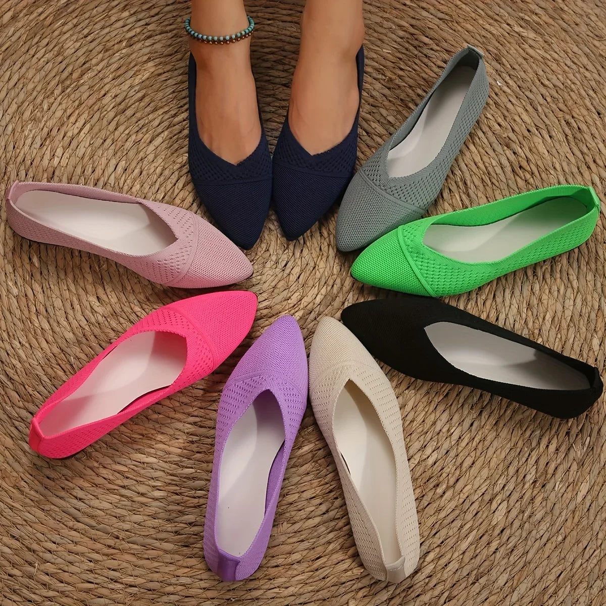 Women Flat Shoes Pointed Toe Solid Color Knitted Slip on Ladies Shoes Casual Breathable Ballet Women Flat Shoes Loafers Women