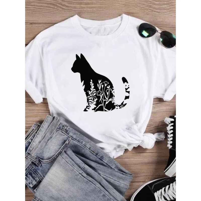 Cat Flower Ladies Printed European Dress Short Sleeve T-shirt Oversized T Shirt  Tops  Aesthetic  Women Clothing