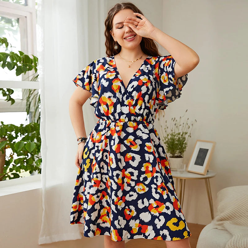 Della Mel Large Sizes Elegant Women's Dresses for Party 2022 Casual Floral Print Summer Short Sleeve Dress Plus Size Clothing