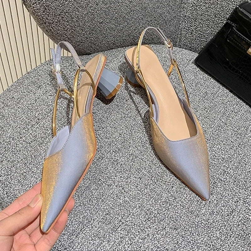 2024Summer Pointed Toe Silk Pumps Women Back Strap Buckle Thick Heels Sandals Woman Shallow Mouth Party Shoes Ladies