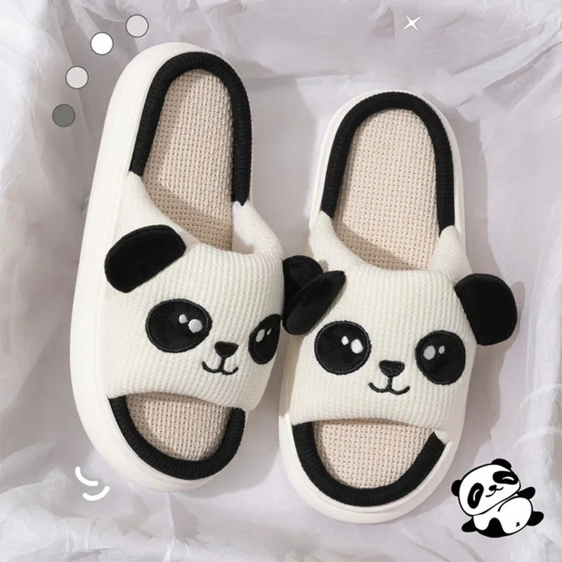 Cute Animal Slippers For Women Girls Kawaii Indoor Linen Slippers Woman Cartoon Milk Cow Panda Cat House Slipper Funny Shoes