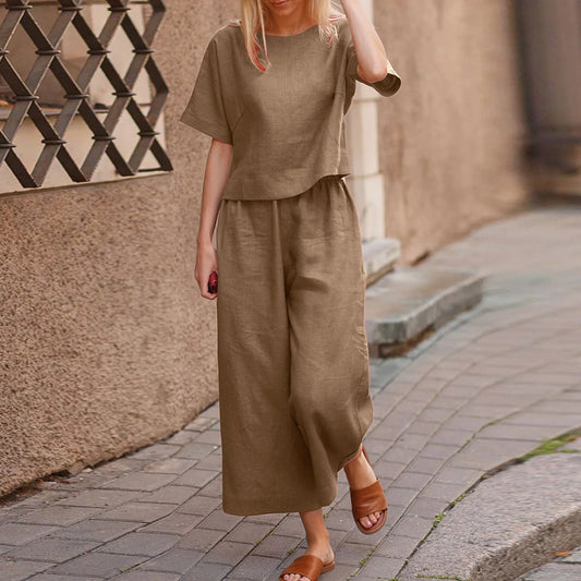 Women Cotton Linen Suit Fashion Comfortable Short Sleeve And Long Pants Solid Color Casual Loose oversized Summer Sets Dress Top