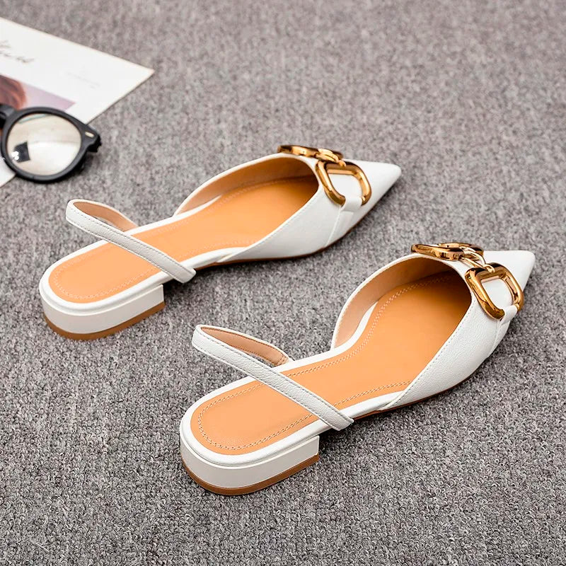 2024 summer new low heel metal buckle ladies fairy pointy thick heel women's sandals half slipper women