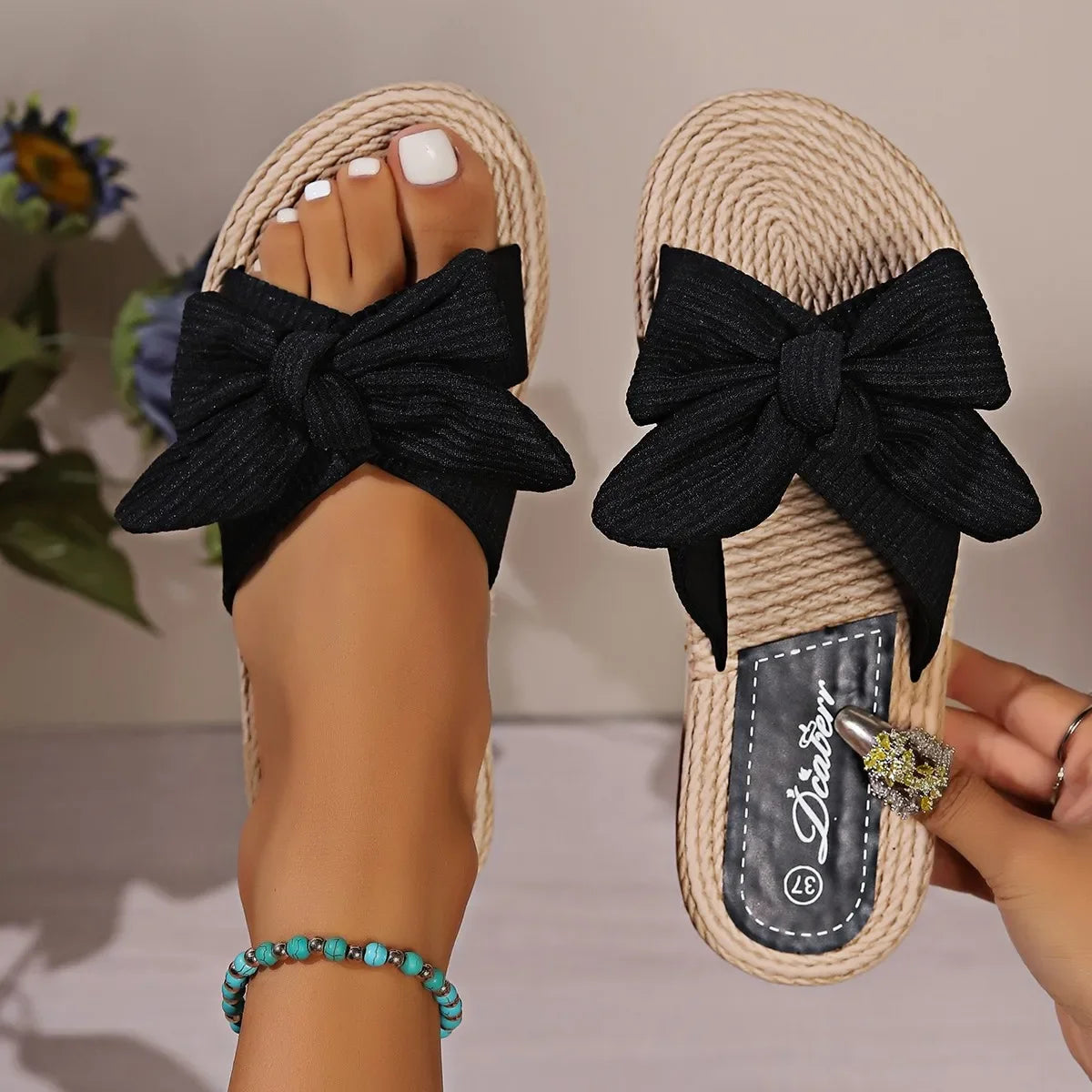 Women's Black Bow Flat Slippers Flip Flops Shoes Pou Sandals Woman 2024 Trend Free Shipping Girls Lady Flop Onlyfans Summer