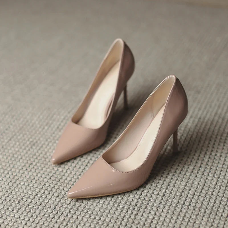 Autumn New Nude Lacquer Leather High Heels with Thin Heels Versatile Pointed Shallow Mouth Single Shoes