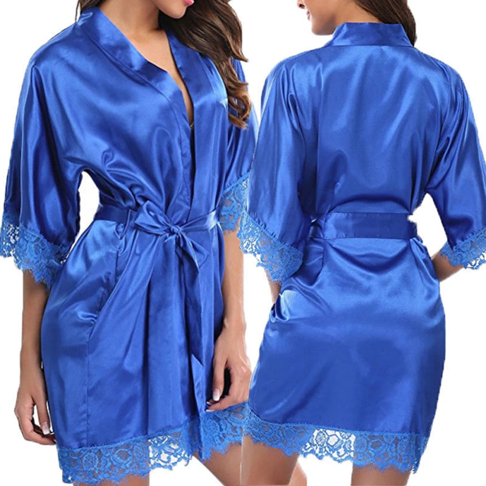 Women Sexy Silk Satin Lace Border Nightgown Pajamas Solid Color Smooth Robe Dress Skin-friendly Comfortable Exquisite Nightwear