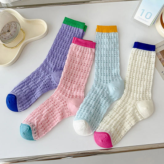 Summer Thin Women Mid-tube Socks Mesh Breathable Hollow Out Korean Version Candy Color Casual And Soft Pile Socks