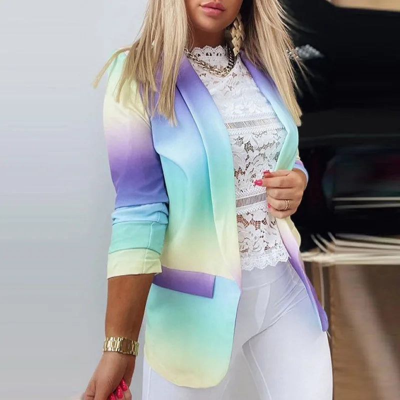 Women Jacket Long-Sleeved Tie-Dye Colorful Oversized Blazers Fall 2021 Workplace Fashion Single Button Casual Suits Office Lady