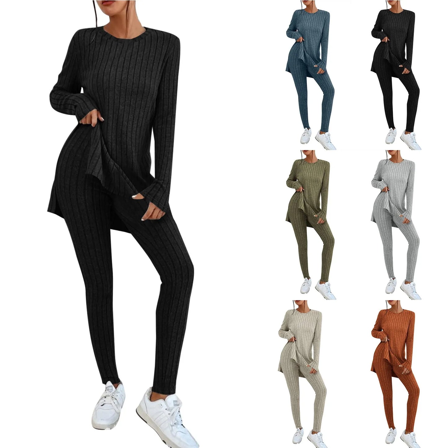 Casual Two Piece Set Women Outfits 2024 Autumn/Winter New Fashion Solid Knitted Long Sleeve Sweater & Loose Pants Suit Elegant