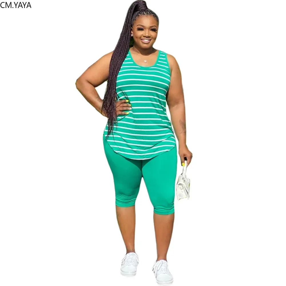 CM.YAYA Women Plus Size XL-5XL Sport two piece set Tracksuit Striped Tank Tops Knee Length jogger Suit Sweatpants Matching Set