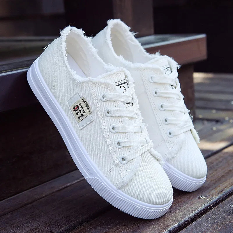 2023 New Spring Summer Women Canvas Shoes Flat Sneakers Women Casual Shoes Low Upper Lace up White Shoes