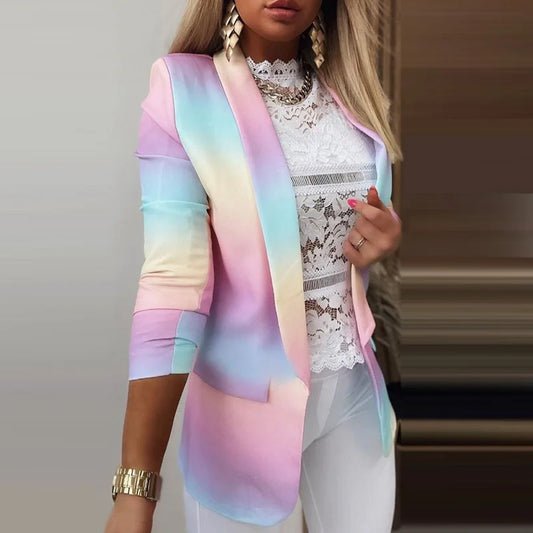 Women Jacket Long-Sleeved Tie-Dye Colorful Oversized Blazers Fall 2021 Workplace Fashion Single Button Casual Suits Office Lady