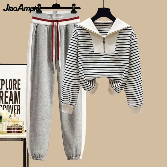 Women's Autumn Winter Tracksuit 2022 New Korean Striped Zip Sweater Blouse + High Waist Casual Pants Sportswear Two Piece Suit