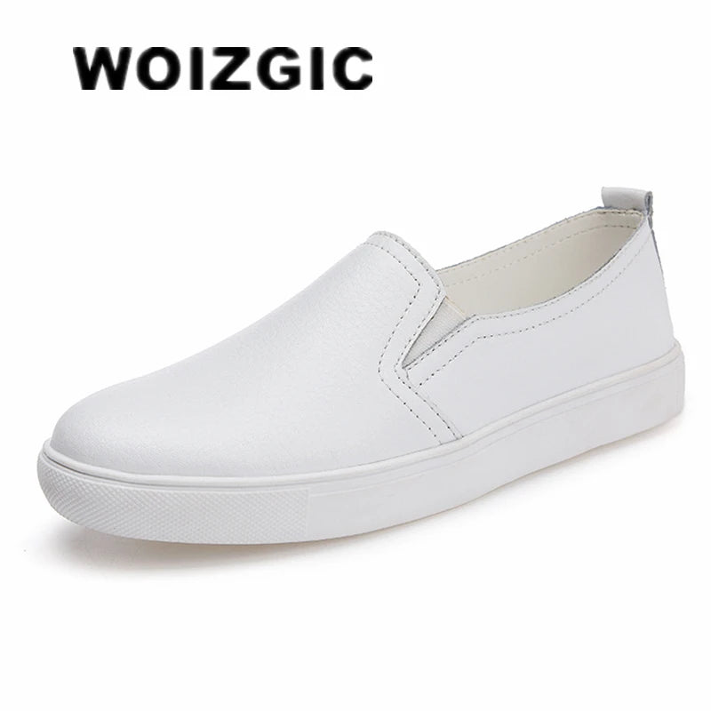 WOIZGIC Women's Ladies Female Woman Cow Genuine Leather White Vulcanized Shoes Flats Loafers Korean Slip On Leisure LLX-6688