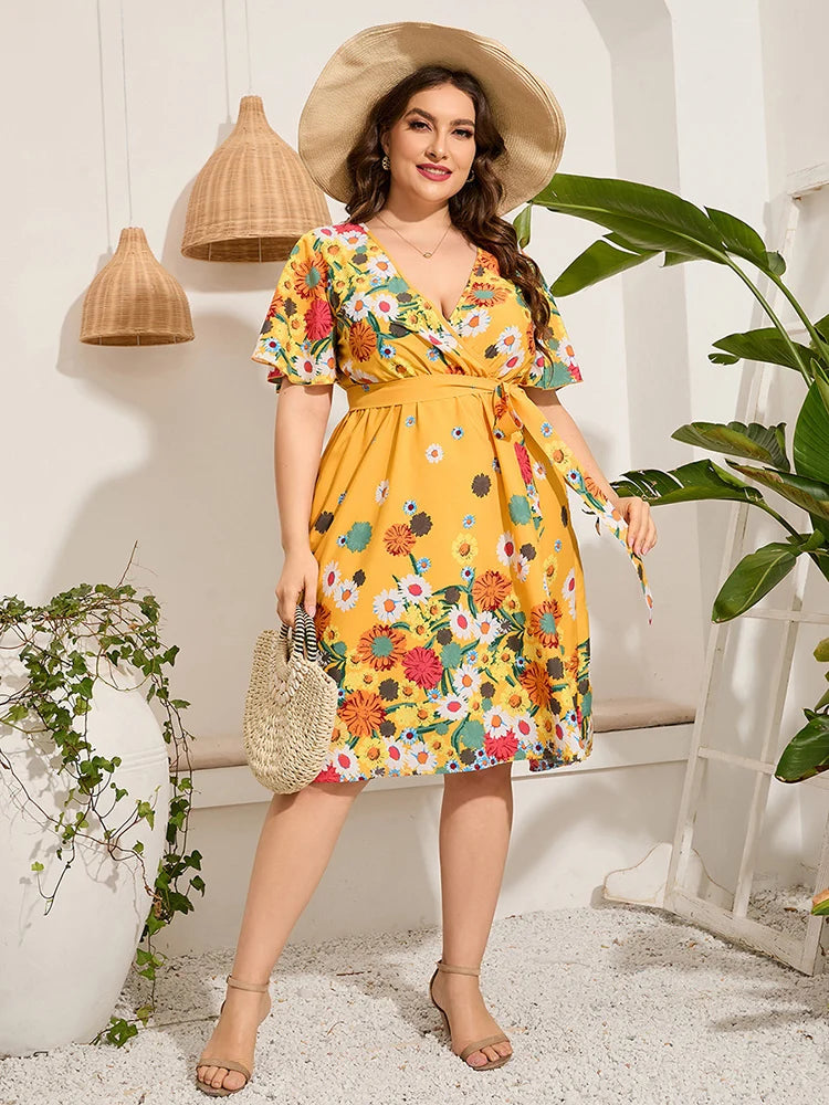 2023 New Women Dress Short Sleeve Summer Woman Beach Dresses Floral Yellow Plus Size Dress V-neck Party Birthday Dress For Women