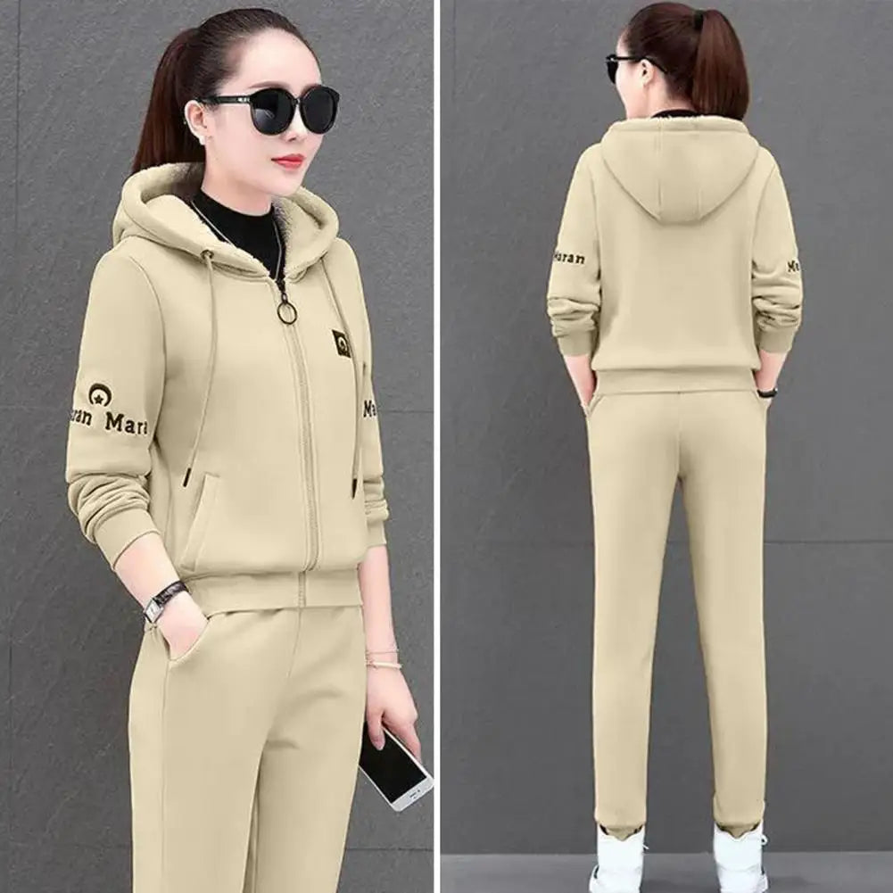 Winter New Plush Thickened 2 Piece Set Coat Top Hoodie Sweatpants Suit Elegant Women's Pants Set Outfits Tracksuit Outfits