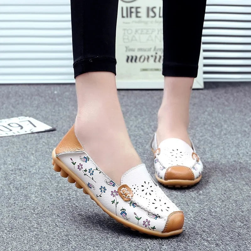 Women flat shoes 2024 new fashion ballet summer flower print women shoes genuine leathe loafers ladies flats shoes woman