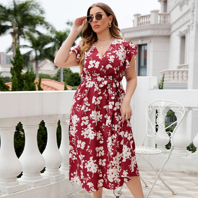 Della Mel 4XL Plus Size Women Clothing Elegant Party Maxi Dresses Summer Ruffle Sleeves Holiday Floral Print Big Size Long Dress