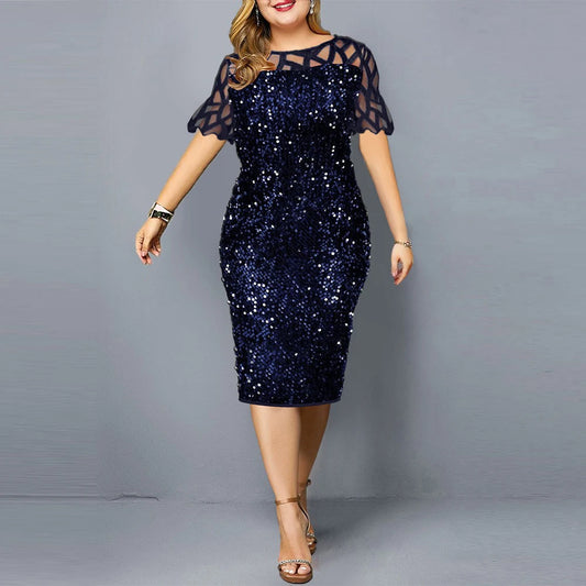 Big Size Clothing 2024 Summer Loose Short Sleeve Woman Dress Elegant Personalized Sequin Design Plus Size Dress Party Vestidos