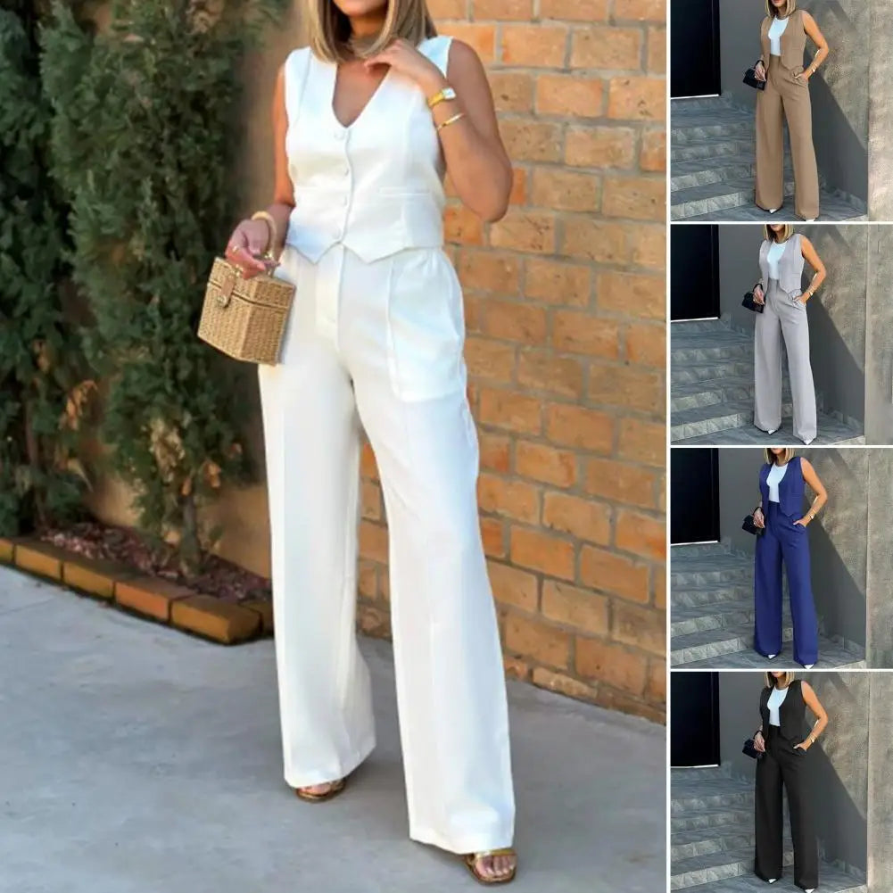 Two-piece Suit Elegant Lady Baggy Pants Set with Sleeveless Vest Solid Color High Waist Women's Wide Leg Pants Casual for A