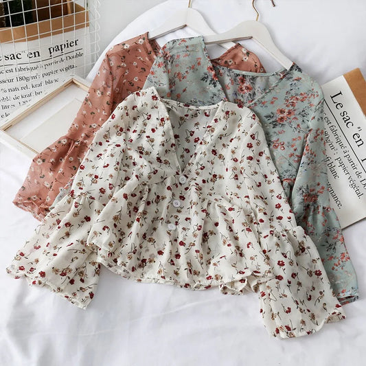 Chiffon Floral Blouses For WomenSoft Retro Chic Ladies Shirts Temperament Fresh Popular Trendy Ulzzang Button Femme Clothing