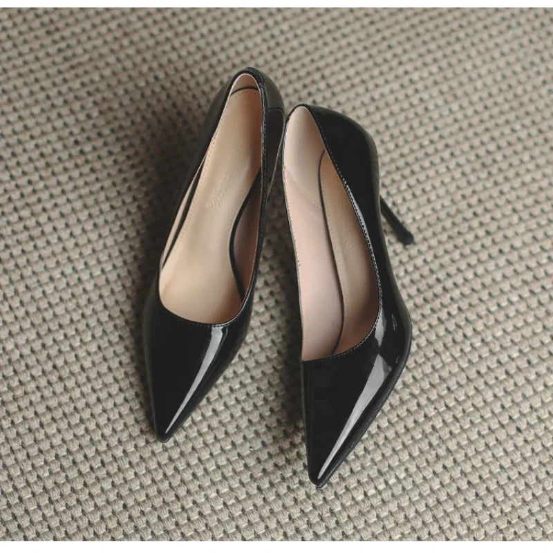 Autumn New Nude Lacquer Leather High Heels with Thin Heels Versatile Pointed Shallow Mouth Single Shoes