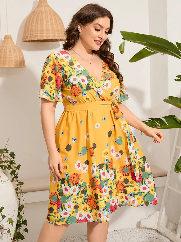 2023 New Women Dress Short Sleeve Summer Woman Beach Dresses Floral Yellow Plus Size Dress V-neck Party Birthday Dress For Women